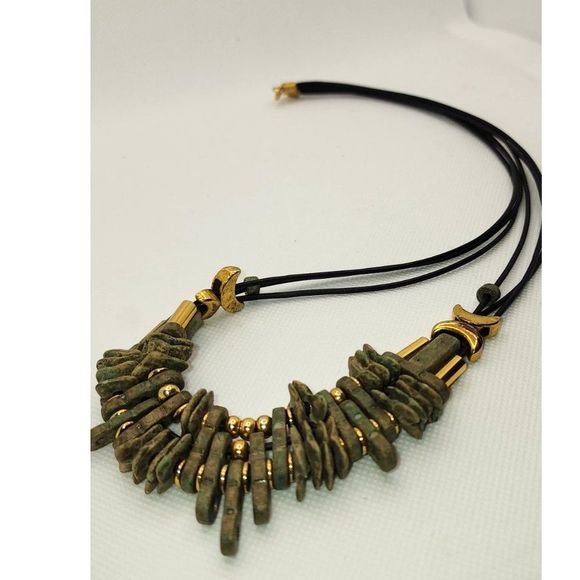 Olive Green Stone Beaded Bib Necklace with Gold Half Moons - Picture 4 of 7